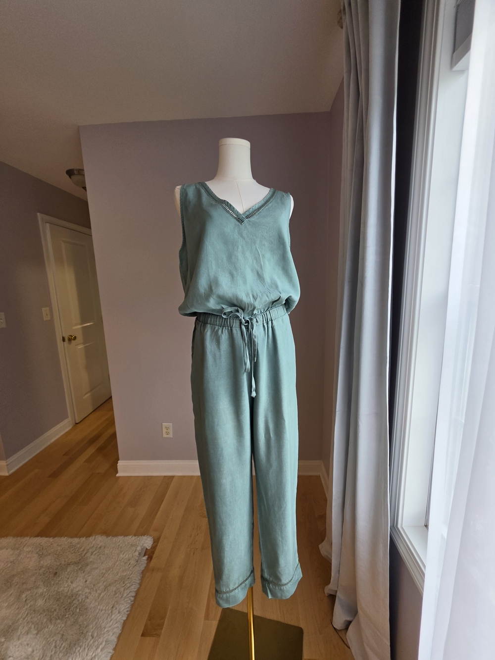 cloth & stone Sage Green Relaxed V-Neck Jumpsuit with Drawstring